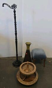 Antique Cast Iron Ashtray Stand, Queen Anne Footstool, Hand-Carved Wooden Lazy Susan Tray, Floor Vase