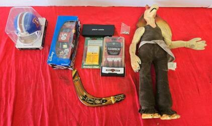 Jar jar binks collectible, gun boss pro, Disney Nascar, football collectible, electrical tester