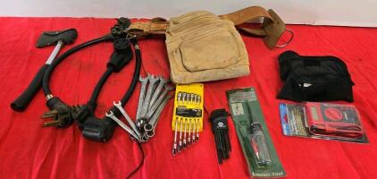 Socket set, various wrench sizes, electrical testers, good condition tool bag