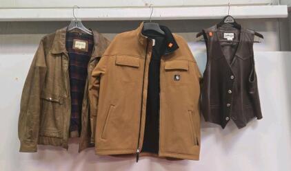 St. John's Bay XL Brown Leather Bomber Jacket, Carhartt Tan Work Jacket, Country Club Leather Vest