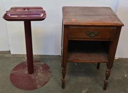 Antique Wooden Nightstand & Burgundy Metal Pedestal Stand, 28" Tall, Single Drawer