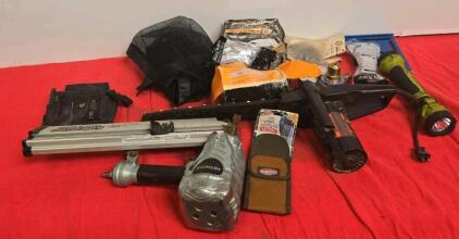 Remington 15" 3.25 HP Electric Chainsaw, Hitachi NR90AE Framing Nailer, Tool & Safety Gear Lot