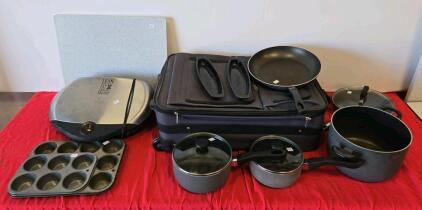 George Foreman Grill, Pots, Pans, Bakeware, and 26-Inch Rolling Luggage &ndash; Complete Home Lot