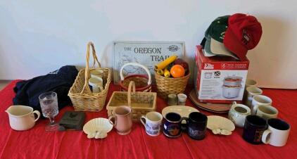 Assorted Household Lot &ndash; Elite 6-Cup Rice Cooker, Mugs, Plates, Baskets, Map, Caps
