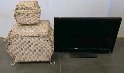 Set of 2 Vintage-Style Wicker Storage Chests, Scroll Metal Trim, Large 28" & Small 18", large tv