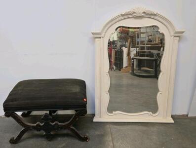 Large Cream Ornate Wood Wall Mirror & Black Upholstered Bench with Scrolled Wooden Base
