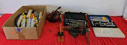 Mixed Workshop Tool Lot: Skil Jigsaw, Eclipse Vise, Socket Sets, Sika Sealant, Accessories