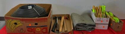 Lot of 12 Hi-Vis Work Gloves, 4 Hammers, 60ft Edging, Heavy-Duty Tarp, Anchors