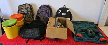 Bulk Lot: 4 Backpacks, Makita Power Drill Kit, 5 Plastic Storage Bins, Assorted Cables & Adapters