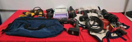 Mixed Lot DeWalt, SKIL, Weller, Hyper Tough Cordless Drills, Sander, Soldering Gun, Bag, Charger
