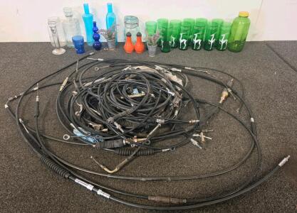Mixed Lot Used Automotive Control Cables &ndash; Various Types and Lengths, Green glass cup set, various glassware (5000s Shelf K)