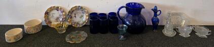 Vintage Cobalt Blue Glassware Set, Floral Decor Plates, Ceramic Bowls, Assorted glassware (5000s Shelf K)