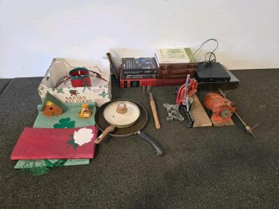 Vintage Books, Hand Tools, Tree Stand, DVD Player (plugged in and functioning), Cookware & Decor Mixed Lot