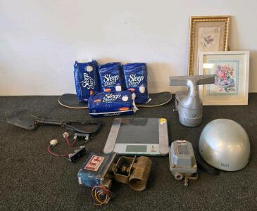 Mixed Lot: Diapers, Skateboard Deck, DOT Helmet, Scale, Framed Art, Utility Tools (5000s Shelf K)