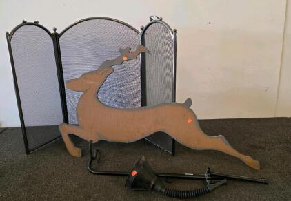Traditional 3-Panel Folding Fireplace Screen, Black Metal Frame, Arched Center Panel, Deer yard decorative figurine, Automotive funnel, and a microphone stand