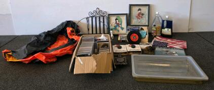 Large Mixed Lot: Vintage Decor, CDs & Cassettes, Art Prints, Household & Storage Tote