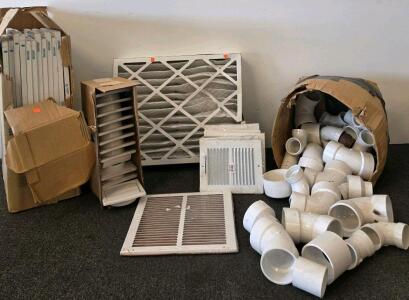 Bulk Lot: 20"x20" Air Filters, White Vent Grilles (10), PVC 3"-4" Elbow Fittings (35)