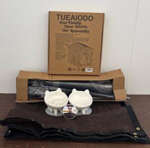 Tueaiodo DIY Cat House Assembly Set with Ceramic Slow Feed Cat Bowls, Cat/Dog Flea And Tick Collar, Raised Dog Bed And Sun Shade.