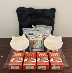 Dog & Cat Care Bundle: Romantic Bear Playpen (31"x23"x21"), Ceramic Bowls, Calm Paws Spray, C.E.T. Chews