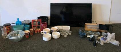 Mixed Lot: Flat-Screen TV (plugged in and functioning), Assorted Kitchenware, and Hardware/Accessories