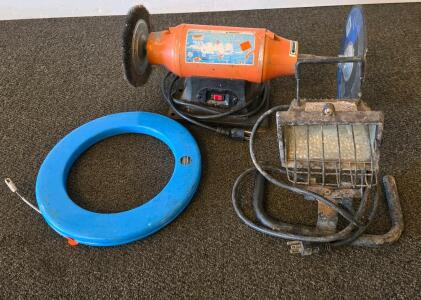 Dayton Bench Grinder Buffer 3/4 HP 8" w/Wire and Grinding Wheels (plugged in and functioning) Work Light (plugged in and functioning) Fish Tape