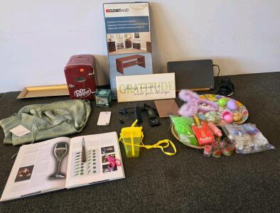 HP Laptop (plugged in and functioning), Dr Pepper Mini Fridge, ClosetMaid Organizer, Copper Chef Scale, and More Couldn't properly test the mini fridge or scale