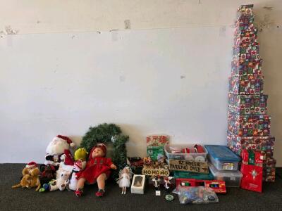 Large Christmas Decor Lot, Pieces, Ornaments, Plates, Plush, Nutcrackers, Gift Boxes, Wreaths, lights, stocking hangers, Various Mixed Christmas Decor