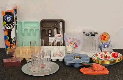 Assorted Kitchenware Lot: Freshrite Cutlery Trays, Reyma Cups, Glassware, Plates & Muffin Pan