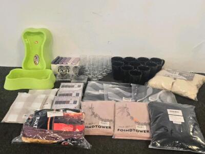 Glassware Set, Black Ceramic Mugs, Bed Canopy Queen, Pet Feeder, Pillow & Chair Covers Bulk Lot