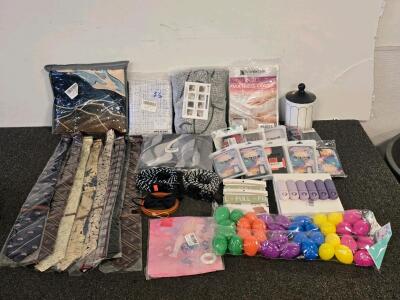 Large Household Mixed Lot: Ties, Phone Cases, Bedding, Organizer Bands, Easter Eggs, More