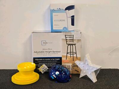 Mixed Lot: Mainstays 24-29" Adjustable Barstool, Alkaline Water Pitcher, Star LED Light, Dinnerware, Child Helmet
