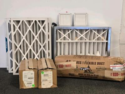 Koch HVAC 20x25x4, 16x25x4 Filters, ATCO 4" x 25ft Flexible Duct, FAMCO FA-014-02-WH Frame