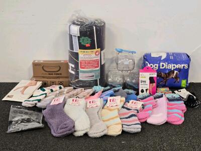 Large Mixed Lot: Fluffy Socks, PETKIT Pura Max Fence, Up & Up Dog Diapers, Rug, Containers, Stockings
