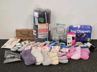 Large Mixed Lot: Fluffy Socks, PETKIT Pura Max Fence, Up & Up Dog Diapers, Rug, Containers, Stockings