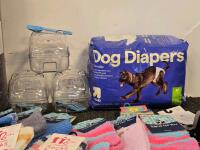 Large Mixed Lot: Fluffy Socks, PETKIT Pura Max Fence, Up & Up Dog Diapers, Rug, Containers, Stockings - 4