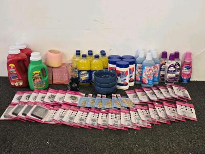 Mixed Bulk Lot: 64 Household Cleaning Supplies & Sewing Notions, Various Brands