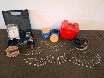 Bosch RA1054 Deluxe Router Guide with Accessories in Hard Case, car buffer( powered on. Vintage collectors spoons. And more