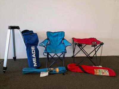 Meade Aluminum Telescope Tripod with Carry Bag, one Folding kids Camp Chair and one drink holder table( foldable
