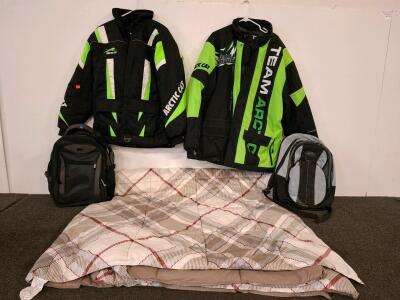 Arctic Cat Snowmobile Jackets 2XL & L, 2 Backpacks, Queen Comforter, Advantage & Race Team Line