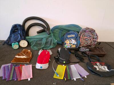 Bulk Lot of Used Backpacks, Tote Bags, Hydration Pack, Purses, and Mesh Zipper Pouches, two shop vac hoses with bags