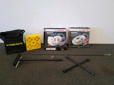 Bosch QuietCast 28011449 Front Brake Rotors, 300mm, for Hyundai/Kia Models, tire iron, squeegee, antenna, camper/ tire blocks.