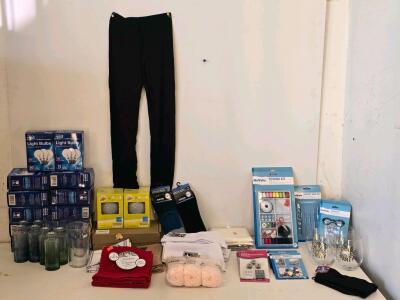 Bulk Lot: Homeline Light Bulbs, Kitchen Towels, Glassware, NuValu Sewing Kits & More (30+ Items)