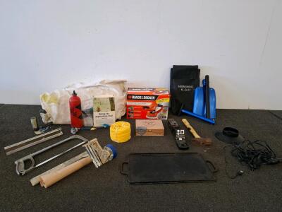 Lodge Cast Iron Griddle, Black & Decker WP900 Polisher, * powered on) Shovel, Tools, Book, Rope, hitch, Mixed Lot