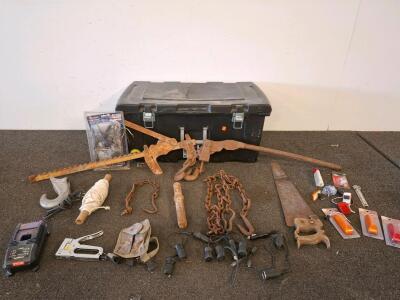 Toolbox with Kenway Trailer Wiring Kit, Ace Staple Gun, PowerOPTIX Marker Lights, Hand Tools