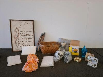 Large Assorted Home Decor and Gift Lot &ndash; Wall Art, Basket, Scarves, Pillows, Skulls, Frames, Teapot