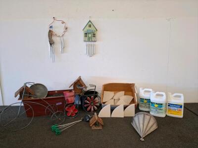 Mixed Outdoor Garden D&eacute;cor Lot: Metal Bicycle Plant Stands, Wind Chimes, Birdhouses, Planters, Solar Stakes tile, and tile cleaning soultions