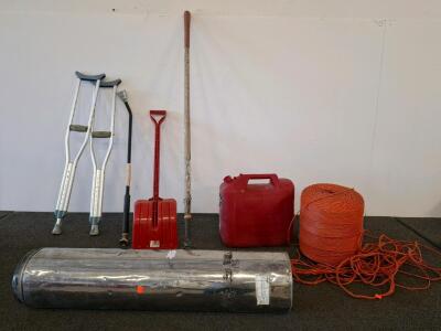 Mixed Lot: Poly Rope Spool, Gas Can, Crutches, Garden Tools, Metal Cylinder, Snow Shovel