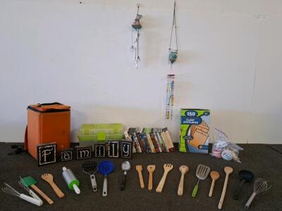 Mixed Household Lot &ndash; DVDs, Kitchen Utensils, Cooler Backpack, Envelopes, Wind Chimes, Storage Boxes
