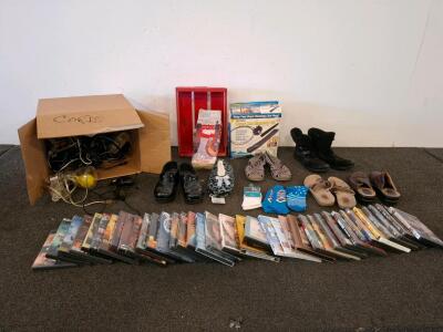 Mixed Household Lot: Shoes, DVDs, Cords, Heated Socks, Dryer Kit, 50+ Items