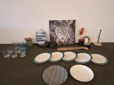 Dinnerware & Decor Lot &ndash; 7 Plates, 7 Glasses, Wall Art, Mirror, Tray, wax melting lamps,